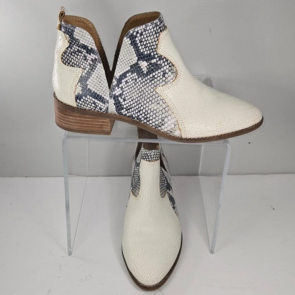 Lucky Brand Leymon Snakeskin White Cracked Leather Ankle Booties Womens 8.5 M 39